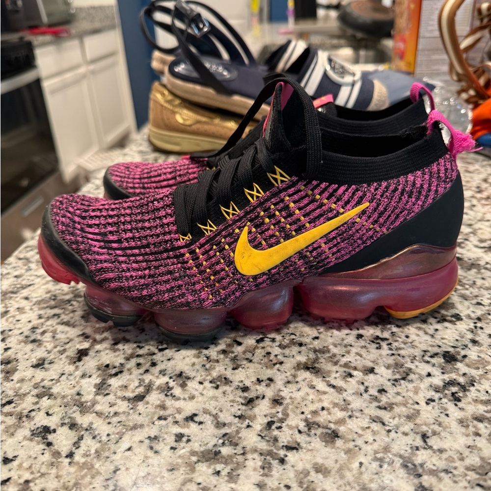 Nike Black and Pink Knit Sneakers with Yellow Accents